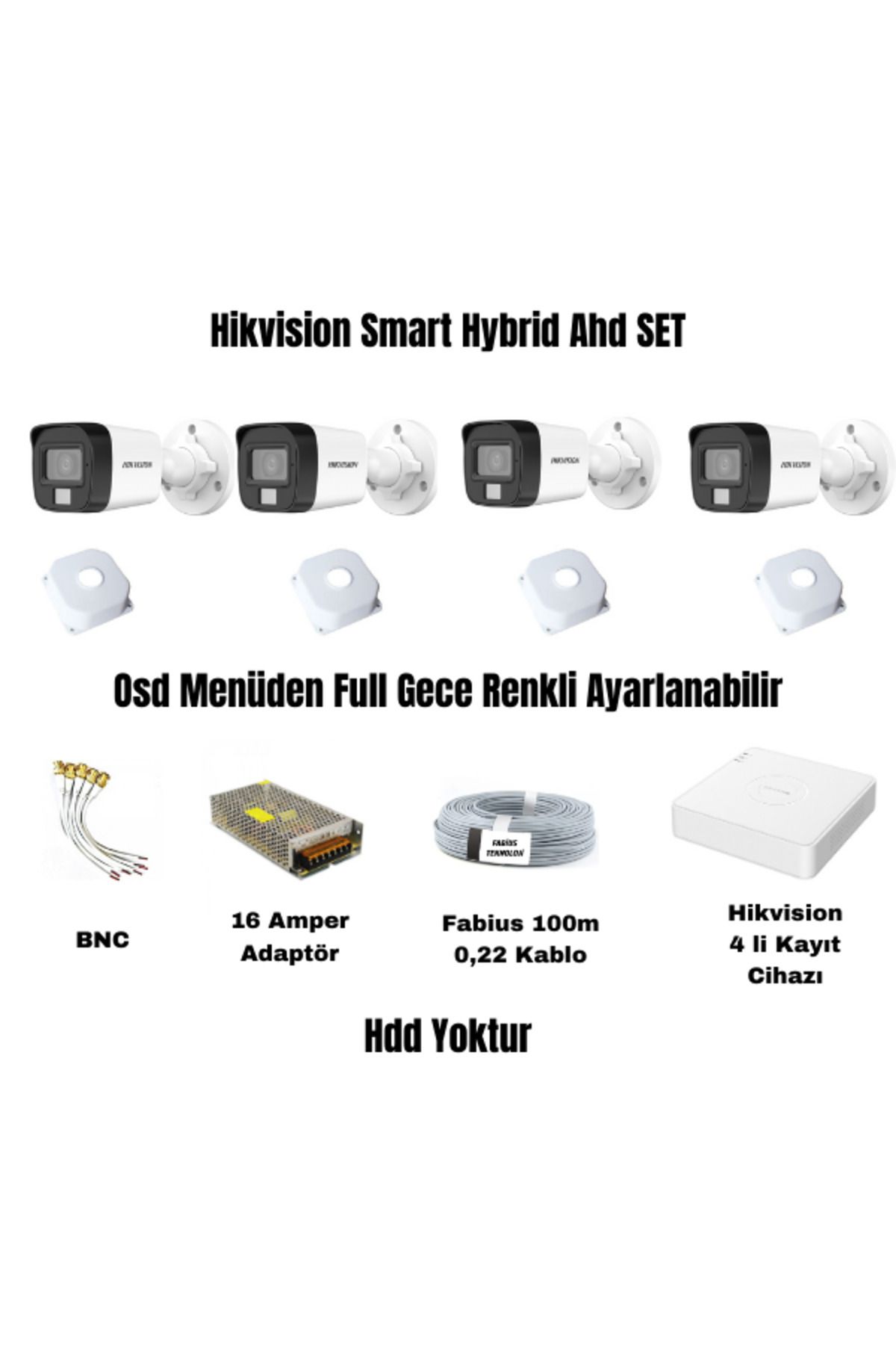 Hikvision 4'lü Ahd Güvenlik Kamera Seti Smart Hybrid (Gece Renkli)